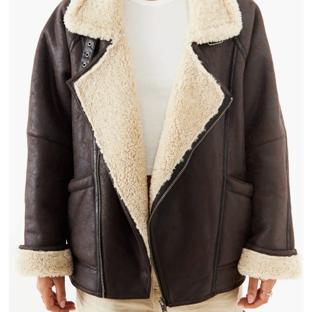 BDG Urban Outfitters Ella Faux Shearling Lined Faux Leather Aviator Jacket